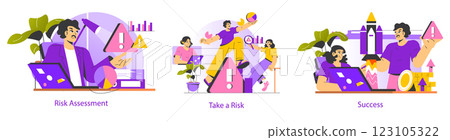 Risk context in professional settings. Emphasizing assessment, taking calculated risks, and achieving success. Illustrates proactive strategies for navigating uncertainties and achieving goals. Vector 123105322