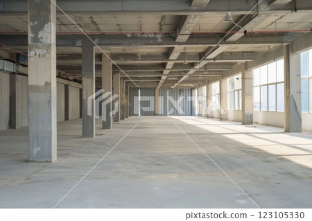 Empty industrial concrete space with raw unfinished walls, large windows, and structural pillars. Bright natural light 123105330