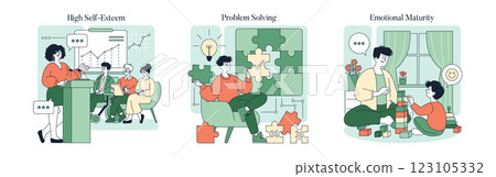 Illustration of authoritative parenting style emphasizing child development aspects such as high self-esteem, problem-solving skills, and emotional maturity. It showcases positive interactions and 123105332