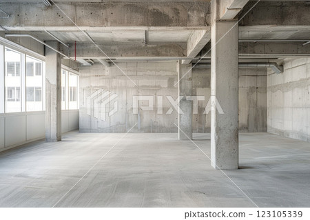 Empty industrial concrete space with raw unfinished walls, large windows, and structural pillars. Bright natural light 123105339
