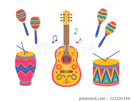 Colorful ethnic musical instrument set with guitar, drum, drumsticks, conga, maracas and notes. Latin music festival, brazil carnival collection. Vector flat illustration isolated on white background Colorful ethnic musical instrument set with guitar, drum, drumsticks, conga, maracas and notes. Latin music festival, brazil carnival collection. Vector flat illustration isolated on white background 123105344