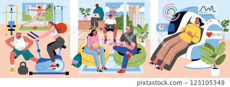 Modern Office Illustration. Represents a healthy work-life balance with fitness activities, collaboration in casual settings, and relaxation. Ideal for emphasizing wellness culture in workspaces 123105349