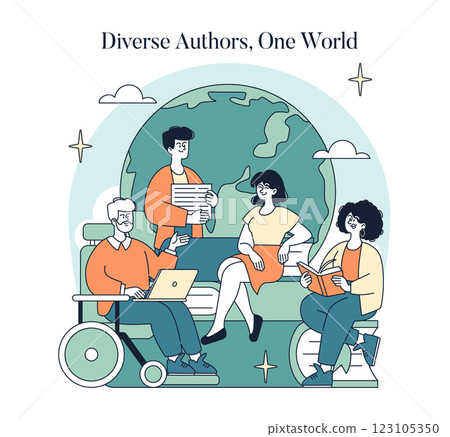 World Book Day illustration. Diverse authors represent various backgrounds, engaging in literature discussions. Storytelling unites readers globally, showcasing inclusion and creativity. Vector 123105350