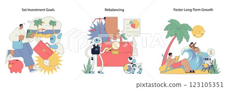 Focus on financial planning with AI support. Characters illustrate setting investment goals, rebalancing assets, and enhancing long-term growth. A modern approach to smart money management. Vector 123105351