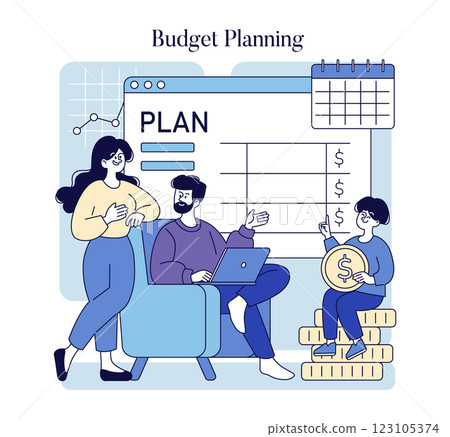 Budget Planning concept. Families engage in financial management through budgeting techniques. A father collaborates with his partner and child, discussing financial goals and strategies. Vector 123105374