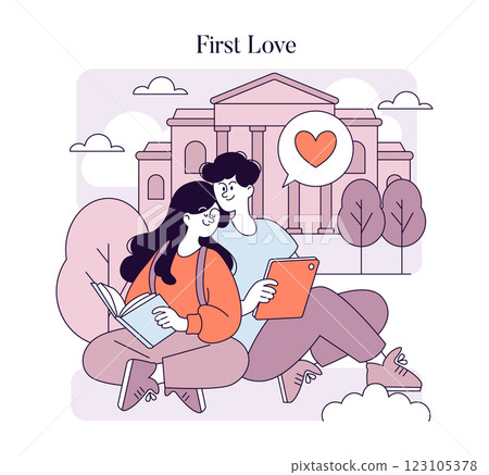 First Love concept. A joyful moment shared between two young individuals surrounded by nature and architecture. Capturing the innocence and excitement of young love, they engage in reading and digital First Love concept. A joyful moment shared between two young individuals surrounded by nature and architecture. Capturing the innocence and excitement of young love, they engage in reading and digital 123105378