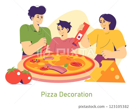 National Pizza Day celebrates the joy of making and enjoying pizza with friends and family. In this illustration, people collaborate to create their perfect pizza, showcasing a variety of toppings and 123105382