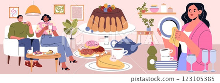 Dinner party scene with friends enjoying dessert and drinks. A woman cleans dishes while two guests engage in conversation, surrounded by a delightful spread of sweet treats and beverages. Vector 123105385