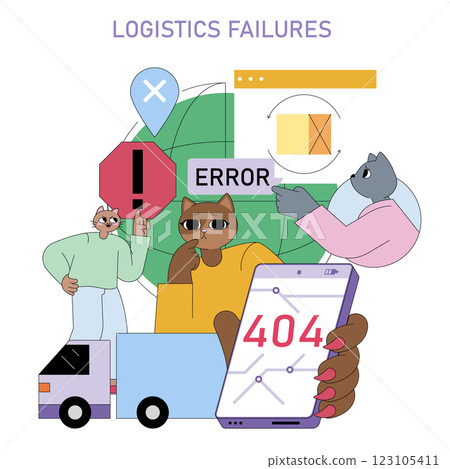 Logistics failures concept. Illustrating issues in supply chain management with humorous characterizations. Emphasizes the challenges in accuracy, communication, and technology in logistics. Vector 123105411