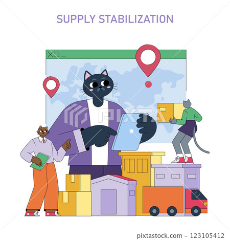 Supply stabilization is crucial for efficient logistics and inventory management. This illustration captures the essence of modern supply chain dynamics with anthropomorphic characters engaged in Supply stabilization is crucial for efficient logistics and inventory management. This illustration captures the essence of modern supply chain dynamics with anthropomorphic characters engaged in 123105412