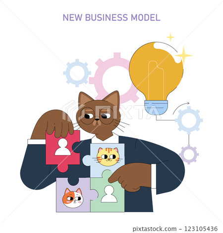 New Business Model illustration featuring a cat character assembling puzzle pieces with various faces. This concept highlights creativity and innovation in business strategy, symbolizing collaboration New Business Model illustration featuring a cat character assembling puzzle pieces with various faces. This concept highlights creativity and innovation in business strategy, symbolizing collaboration 123105436