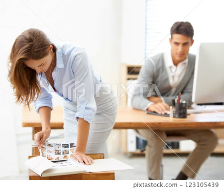 Sexual harassment, businessman looking or body of woman in office working with spying coworker. Watch, lust problem or employee with toxic predator or unprofessional male colleague or pervert peeping Sexual harassment, businessman looking or body of woman in office working with spying coworker. Watch, lust problem or employee with toxic predator or unprofessional male colleague or pervert peeping 123105439