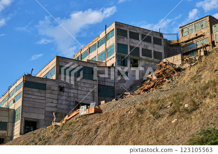 Old abandoned cascade factory building in Ak-Tyuz, Kyrgyzstan Old abandoned cascade factory building in Ak-Tyuz, Kyrgyzstan 123105563