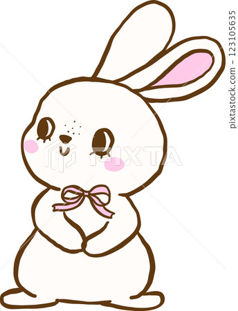 Cute White Bunny with Pink Bow Cartoon Hand Drawn 123105635