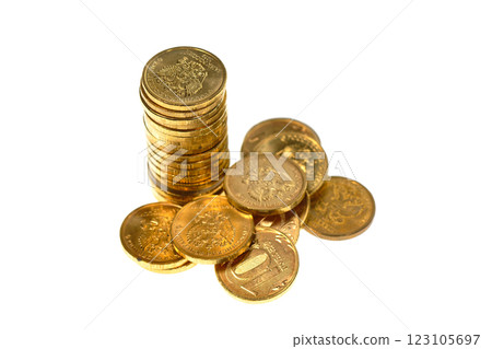 Golden coins on white background 123105697