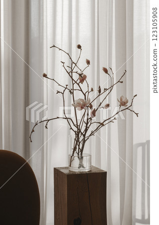 A magnolia branch in a clear glass vase rests on an oak stump, embodying spring in a Japandi interior. The soft blooms and warm wood create a serene, minimalist atmosphere. A magnolia branch in a clear glass vase rests on an oak stump, embodying spring in a Japandi interior. The soft blooms and warm wood create a serene, minimalist atmosphere. 123105908