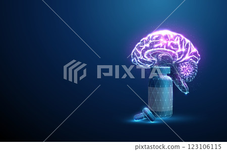Abstract purple human brains with bottle and medical pills. Brain health and cognitive support, neuroprotection concept. 123106115