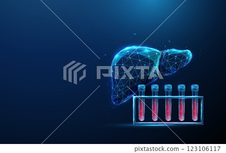 Abstract blue human liver and blood sample rack. Blood analysis and liver health, medical diagnostics concept. Abstract blue human liver and blood sample rack. Blood analysis and liver health, medical diagnostics concept. 123106117