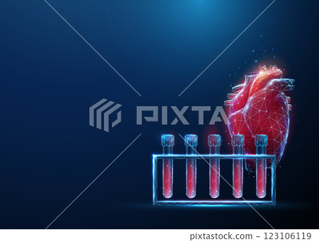 Abstract red human heart with blood sample rack. Blood analysis, cardiovascular health, medical diagnostics concept. 123106119