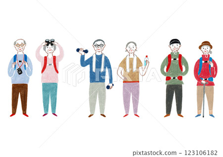 手繪插圖:老年夫婦一起享受他們的愛好 手繪插圖:老年夫婦一起享受他們的愛好 123106182