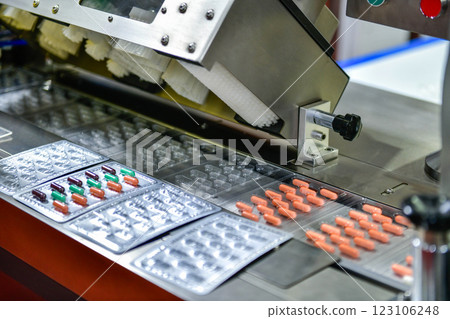 Capsule medicine pills during production line and packing process on modern pharmaceutical factory, Medical Drug Manufacturing. 123106248