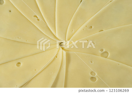 Semi-hard cheese close-up, thin slices, top view 123106269