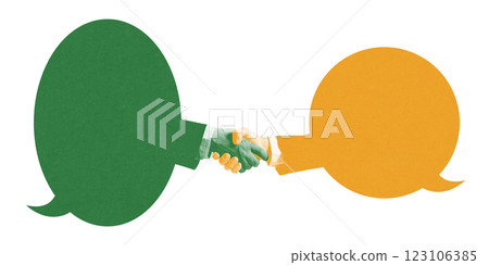 Two speech bubbles shake hands, illustrating successful communication, unity, and mutual understanding between different perspectives. Two speech bubbles shake hands, illustrating successful communication, unity, and mutual understanding between different perspectives. 123106385