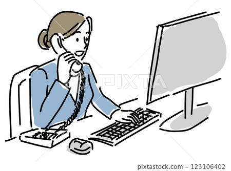 Simple line drawing of a female staff member answering the phone in the office 123106402