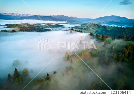 Aerial view of mist drifting over lush, green landscape. Early morning fog gently envelops trees and fields, creating soft, ethereal atmosphere under clear sky. Distant mountains rise majestically. 123106414