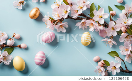 Easter light yellow background anchors a delicate frame of soft pink cherry blossoms and pastel Easter eggs, Easter light yellow background anchors a delicate frame of soft pink cherry blossoms and pastel Easter eggs, 123106438