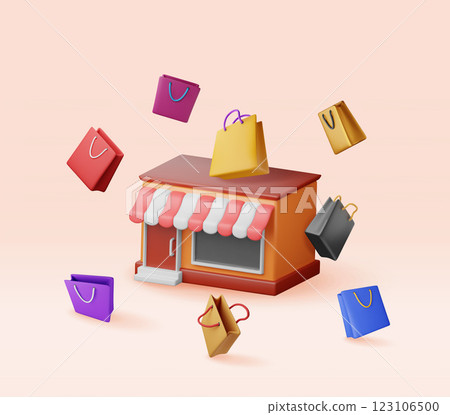 3D shopping or gift bag and supermarket building 3D shopping or gift bag and supermarket building 123106500