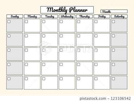 A minimalistic monthly planner template with a blank calendar grid, checklist for each day on a black and white background. Perfect for organizing tasks and schedule. A minimalistic monthly planner template with a blank calendar grid, checklist for each day on a black and white background. Perfect for organizing tasks and schedule. 123106542