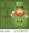 St. Patrick's Day message design with a jolly gnome in a green suit and a mug of beer. Invitation to a fun holiday party. Vector illustration for St. Patrick's Day 123106555