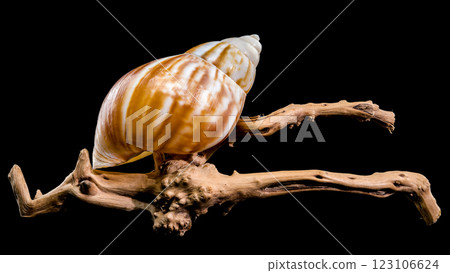 Giant African snail on driftwood black background Giant African snail on driftwood black background 123106624