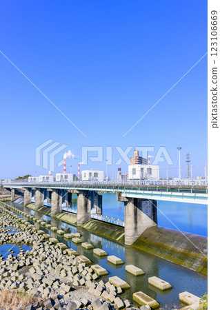 The view of Yatsushiro City from the Shinmaekawa Weir, a diversion weir of the Kuma River, against the blue sky The view of Yatsushiro City from the Shinmaekawa Weir, a diversion weir of the Kuma River, against the blue sky 123106669