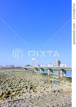 The view of Yatsushiro City from the Shinmaekawa Weir, a diversion weir of the Kuma River, against the blue sky The view of Yatsushiro City from the Shinmaekawa Weir, a diversion weir of the Kuma River, against the blue sky 123106714