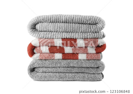 Soft fluffy striped grey and red bath towels folded in stack isolated on white background 123106848