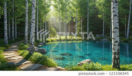 Birch and mysterious lake 123106945