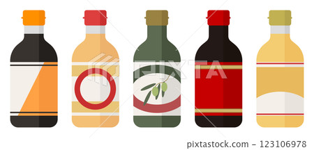 Vector illustration of bottled condiments: noodle soup, mirin, vinegar, olive oil, yakiniku sauce 123106978