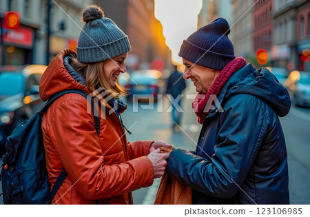 Woman gives warm blanket to poor man on street. Day of random acts of kindness. Caring for your neighbors Woman gives warm blanket to poor man on street. Day of random acts of kindness. Caring for your neighbors 123106985