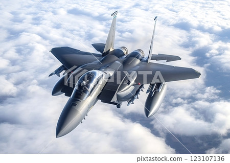 F-15 eagle fighter jet soaring through cloudy sky 123107136