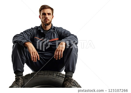 Confident mechanic sitting on large tire 123107266