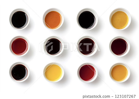 Twelve small bowls containing different sauces forming a colorful palette Twelve small bowls containing different sauces forming a colorful palette 123107267