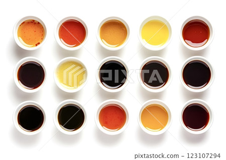 Various sauces and condiments filling small white bowls on white background Various sauces and condiments filling small white bowls on white background 123107294