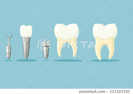 Dental implant stages showing abutment and crown placement on blue background 123107295