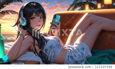 Illustration of a beautiful woman listening to music on the beach 123107398