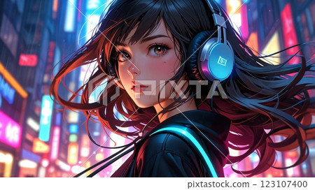 一位美麗的女人在城裡聽音樂的插圖 123107400