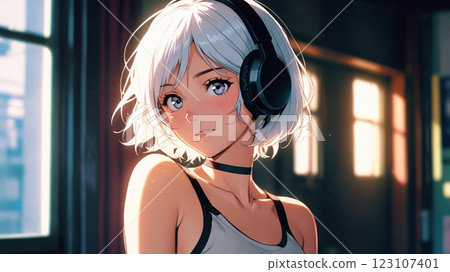 Illustration of a beautiful woman listening to music in a shop Illustration of a beautiful woman listening to music in a shop 123107401