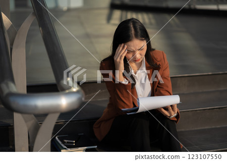 Depressed businesswoman sits on stairs outside office, overwhelmed by financial crisis, job loss, and stress. failure, burnout, and workplace pressure. Depressed businesswoman sits on stairs outside office, overwhelmed by financial crisis, job loss, and stress. failure, burnout, and workplace pressure. 123107550