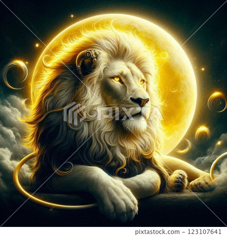 Illustration of a lion looking up at the full moon on a full moon night 123107641